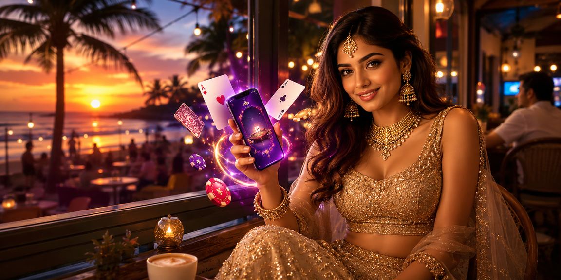 Teen Patti player at a scenic Goa beach enjoying mobile gaming